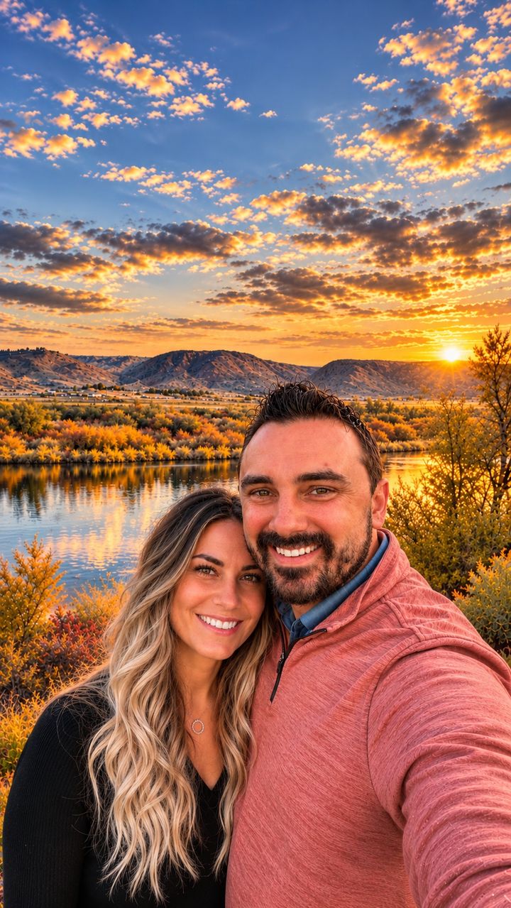 Monica and Brandon Lewis smiling in front of a river at sunset